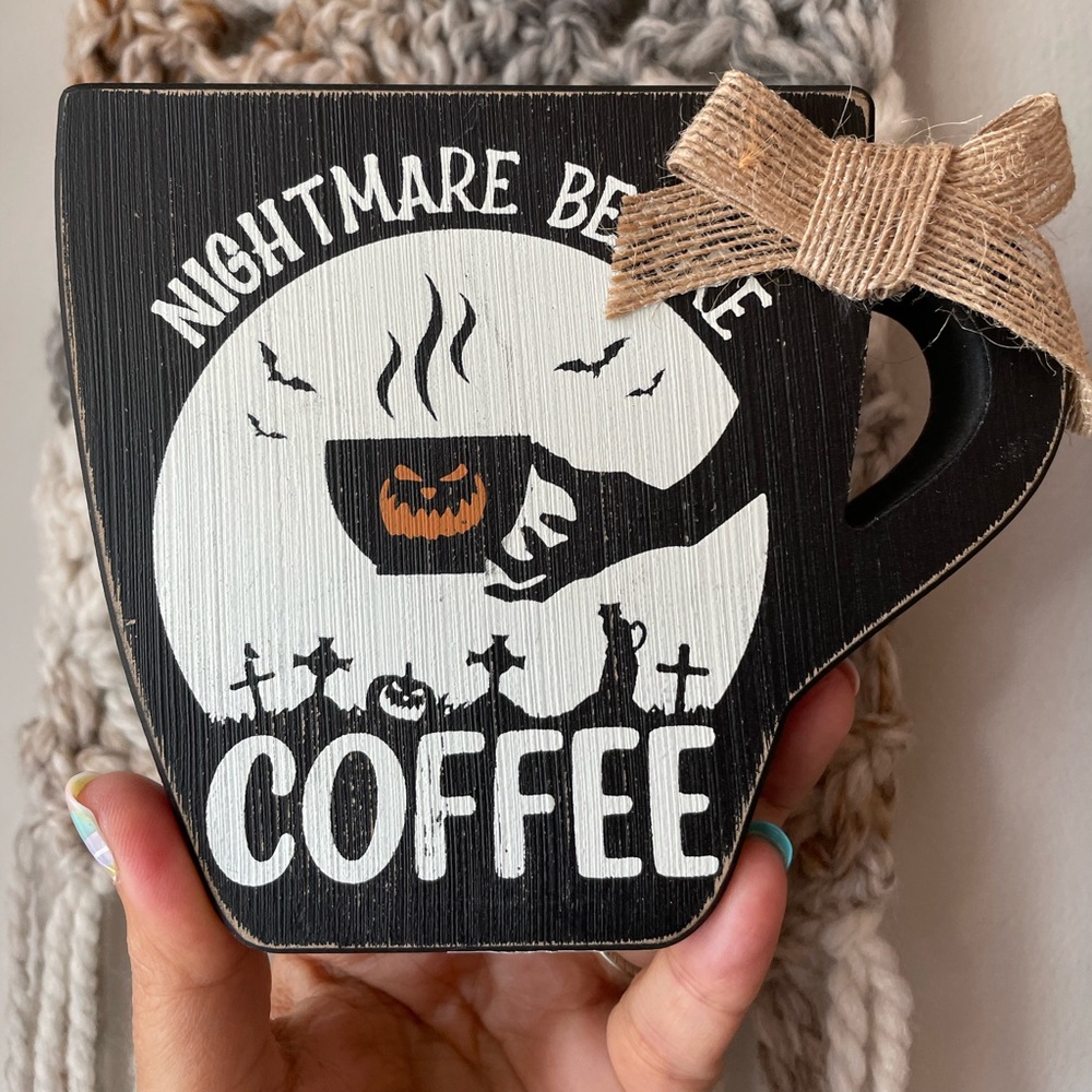 Halloween Coffee Decor Nightmare Before Coffee Wooden Plaque NEW
